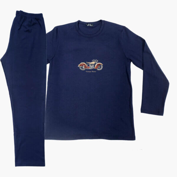 AA UNDERWEAR Πιτζάμα Ανδρική Interlock Μπλε με Σχέδιο Moto vintage